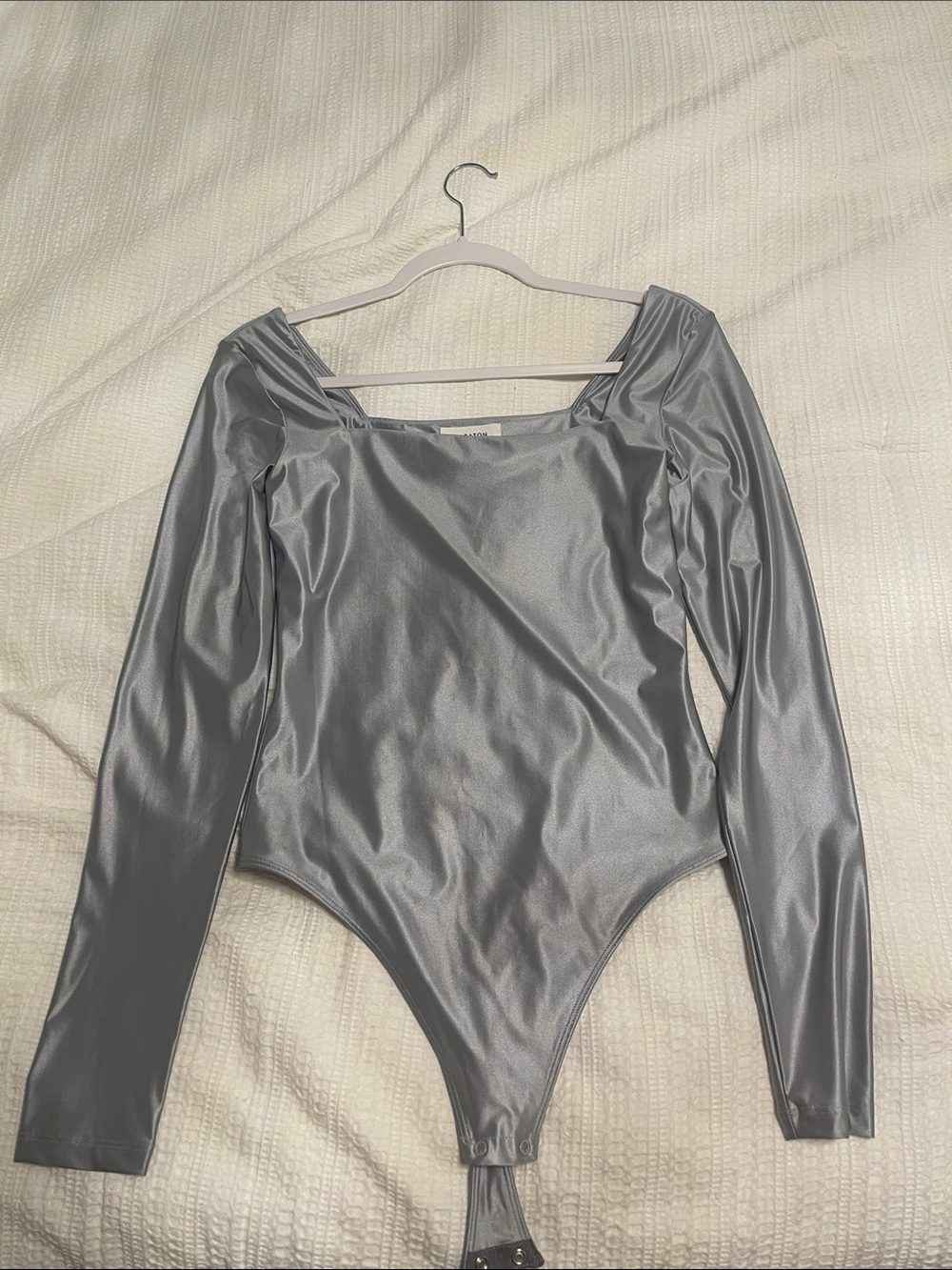 Aritzia Metallic Silver Long-Sleeve Square Neck Bodysuit
